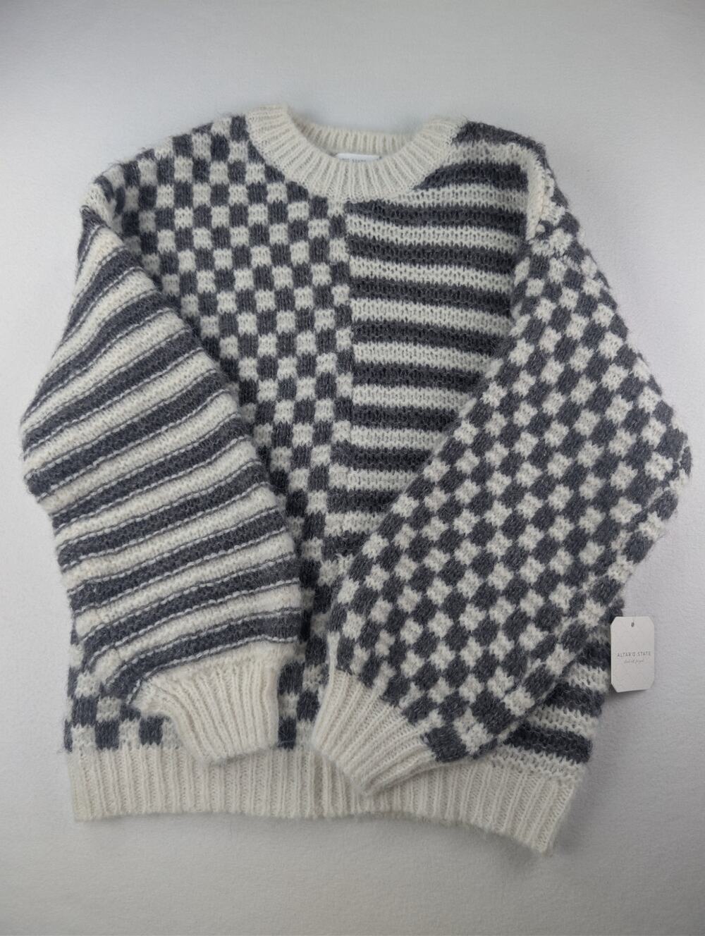 Altar’d State Ivory Grey Mixed Pattern Fuzzy Knit Sweater XXS